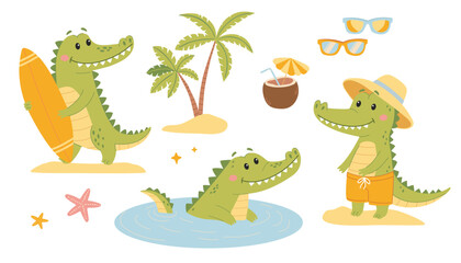 Cute Crocodile set. Cute cartoon crocodiles on the beach. Flat vector illustration in simple childish style isolated on white background