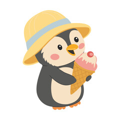 Cute penguin in hat with ice cream. Flat vector illustration in simple child style isolated on white background