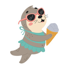Cute seal in sunglasses and In bathing suit with ice cream. Flat vector illustration in simple child style isolated on white background