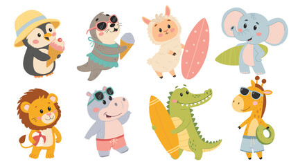 Naklejka premium Cute animals set. Summer animals. Penguin, hippo, seal, lion, giraffe, alpaca, elephant, crocodile. Beach vacation. Vector illustration isolated on white background