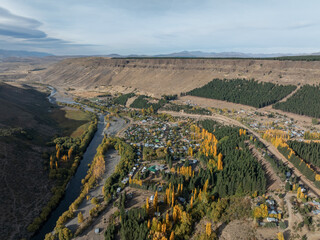 Autumn season colors in Manzano Amargo, small village located in Neuquen, Argentina. Aerial view