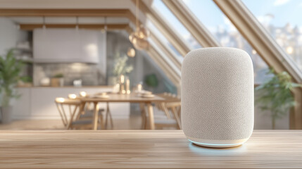 Modern Smart Speaker in Minimalist Dining Area with Skylight