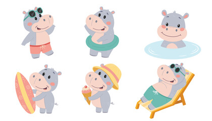 Set of cute hippo characters.Summer, vacation, ice cream, surfing, pool, lounger. Flat vector illustration in simple children's style isolated on white background.
