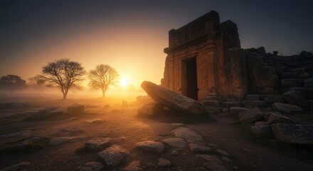 Ancient ruins at sunrise in misty field