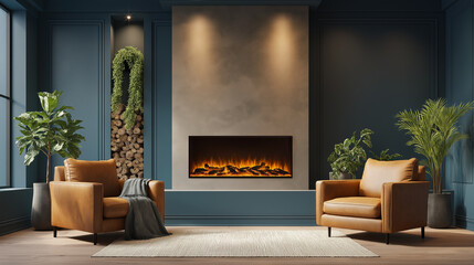 Stylish Living Room with Digital Fireplace and Leather Armchairs