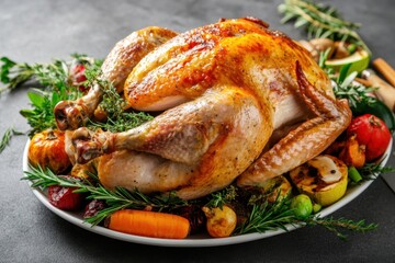 Thanksgiving feast a beautifully roasted turkey with golden skin on a platter surrounded by fresh vegetables in a cozy kitchen setting