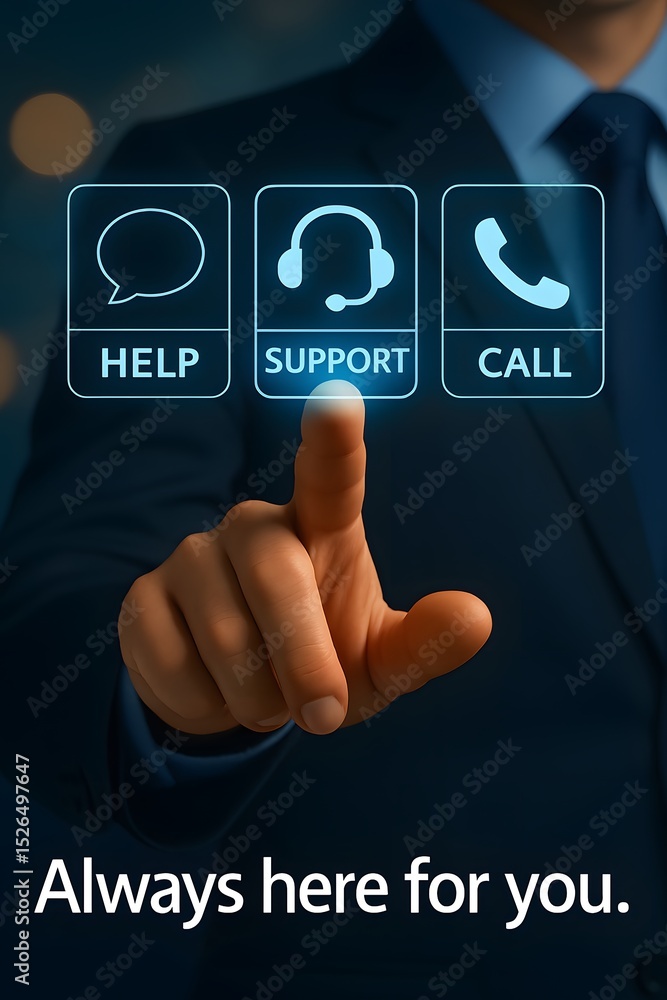 Poster an executive points to the support button, surrounded by symbols of help and call, underscoring the 