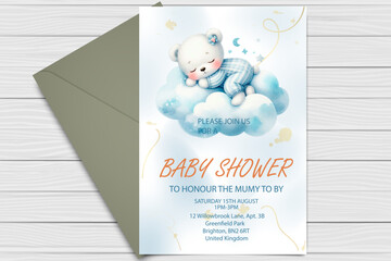 Personalized Baby Shower Invitations Teddy Bear Sleeping On Cloud.
