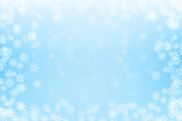 Winter landscape background with blue color and falling snowflakes. Snow illustration for New Year decoration.