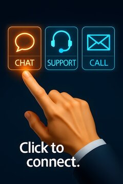 A user's finger delicately touches the 'Chat' icon, symbolizing instant connection and seamless communication, in a graphic representation of modern customer service and support.