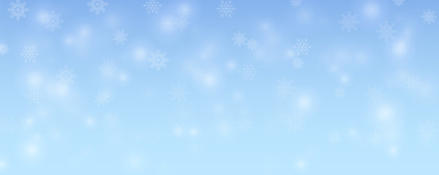 Winter landscape background with blue color and falling snowflakes. Snow illustration for New Year decoration.