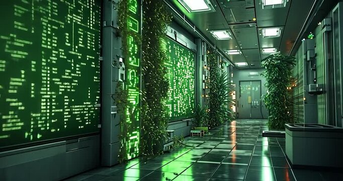 Hallway scene with data center and plants in a futuristic industrial setting. Green color tones predominate. The image contains an interesting arrangement of data center, with plants and plants in a