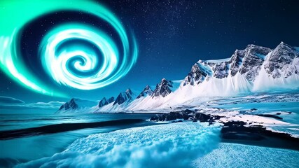 Striking aurora borealis over the snowy mountains and icy beach at night, with stars in the sky and sea waves crashing. - Powered by Adobe