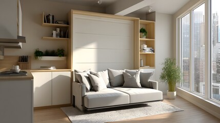 Compact studio apartment interior with efficient furniture placement