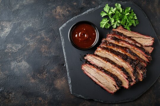 Smoked brisket slices with bbq sauce garnished with fresh herbs gourmet kitchen food photography dark rustic background culinary delight