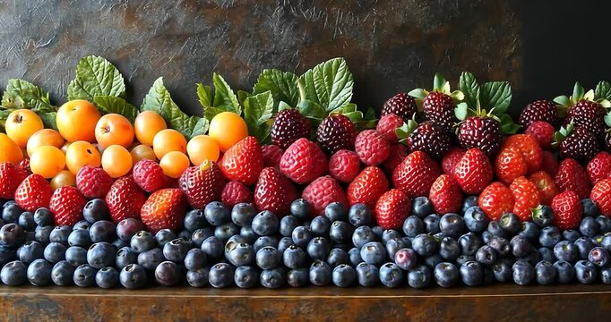 Row of various berries on dark background. A close-up of the berries, with blurred background to emphasize the fruits