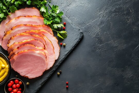 Sliced ham display on slate board with mustard and herbs gourmet food presentation culinary art stylish kitchen close-up deliciously crafted