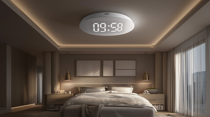 Minimalist Bedroom with Projected Clock on Ceiling and Soft Lighting