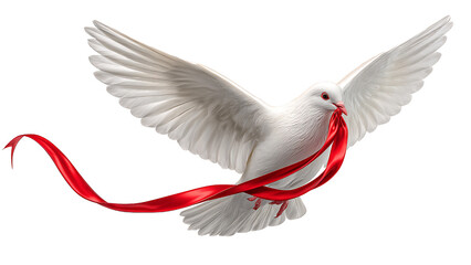 Dove with red ribbon on transparent background.
