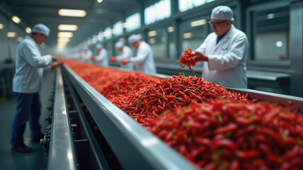 Workers sorting red chili peppers in a modern facility