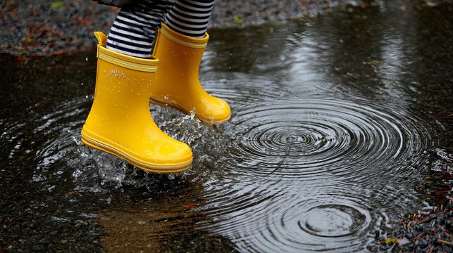 Child splashing in puddle wearing yellow rain boots waterproof footwear puddle jumping rainy day fun 100 - Powered by Adobe