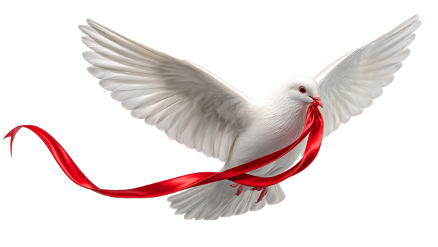 Dove with red ribbon on transparent background.