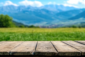 Fototapeta premium Wooden table with a blurred background countryside landscape wood.