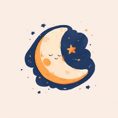 Moon icon, cute cartoon illustration style, clean white background and simple lines.