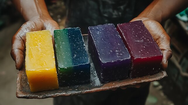 Hands holding colorful homemade soaps on a rustic tray in a workshop setting