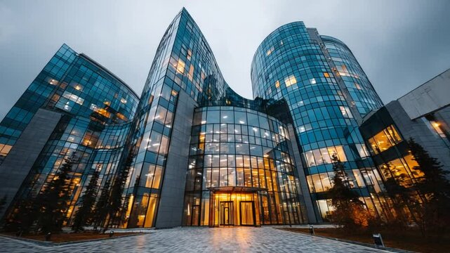 Unique glass building in Jena, Germany, featuring curved architectural design and vibrant night lighting