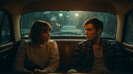 Young couple sits in the backseat of a car on a rainy night, sharing an intimate moment or conversation with city lights in the background, reflecting romantic relationships or urban life moments - Powered by Adobe