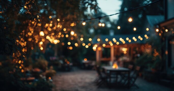 Blurred garden patio at dusk, lit by string lights