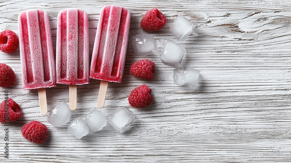 Poster frozen raspberry popsicle ice cube wooden table summer sweet cold refreshing dessert