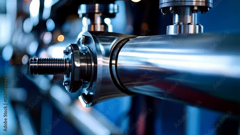 Poster Close-up of a metallic bar in a blue lit industrial setting, featuring motion blur and bokeh for abstract visual effect and highlighting manufacturing processes