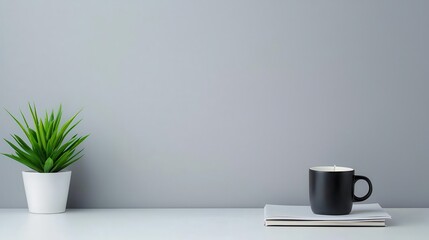 Minimal office desk with plant, book, and candle, work and relaxation mix