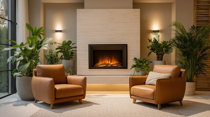 Modern Living Room with Digital Fireplace and Stylish Decor