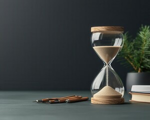 Hourglass split with office tools and nature imagery, time balance concept