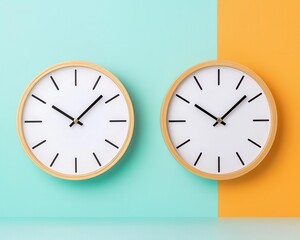 Two minimalist clocks showing work time and rest time, balance in motion