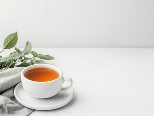 Clean white workspace with cup of tea and meditation icon on screen