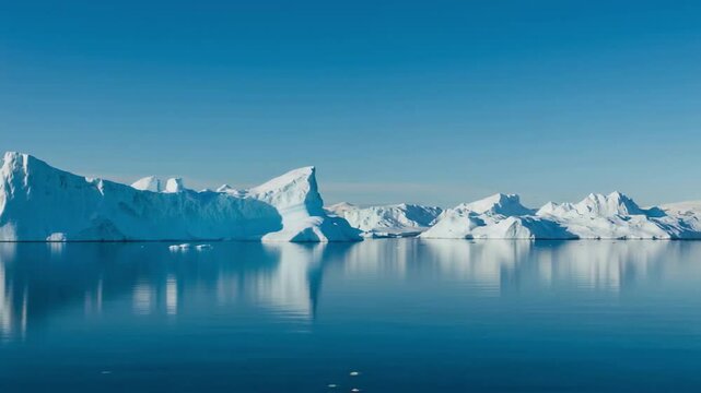 Majestic icebergs float serenely in calm, deep blue arctic waters under a clear sky, a stark visual of polar beauty and the pressing realities of global climate change and environmental studies