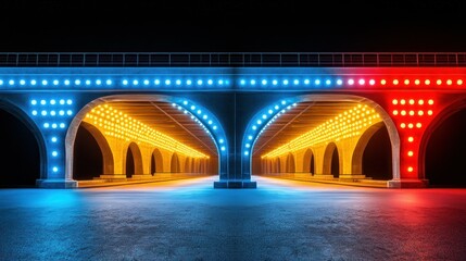 Illuminated Arches Underneath a Bridge at Night
