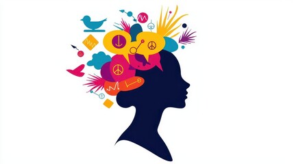 Head silhouette filled with peace symbols and graphs, mental worklife harmony