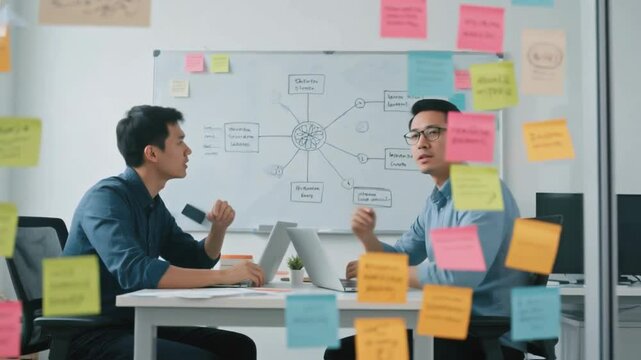Two asian businessmen collaborating and brainstorming ideas using sticky notes and laptops in a creative office, illustrating teamwork, project management and innovative business strategy