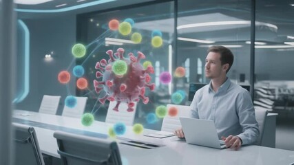 Scientist or businessman in a futuristic office or lab studying a large interactive virus hologram, representing cutting-edge virology research and pandemic preparedness in biotechnology - Powered by Adobe