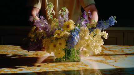A person arranging flowers in a bright minimalist kitchen
