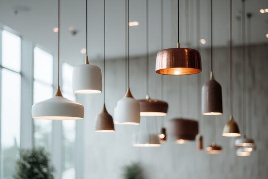 Multiple pendant lights of varying shapes and colors hang from a ceiling