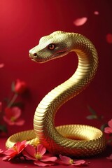 Fototapeta premium Shiny gold serpent on crimson, floral backdrop, reptile, animal, crimson