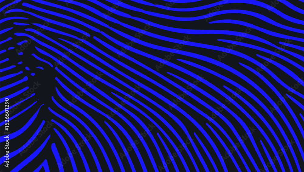 Poster vector illustration in op art style with wavy black lines on a vivid blue background, creating an ab