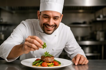 A skilled chef meticulously plates a gourmet dish, embodying culinary expertise and the art of fine dining, capturing a moment of perfection and passion in the kitchen.