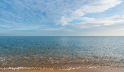 Sea sky, Cloud beautiful evening tide sand sea beach background, Summer banner horizon water dramatic blue sky, Landscape morning majestic ocean nature clouds sunset sky